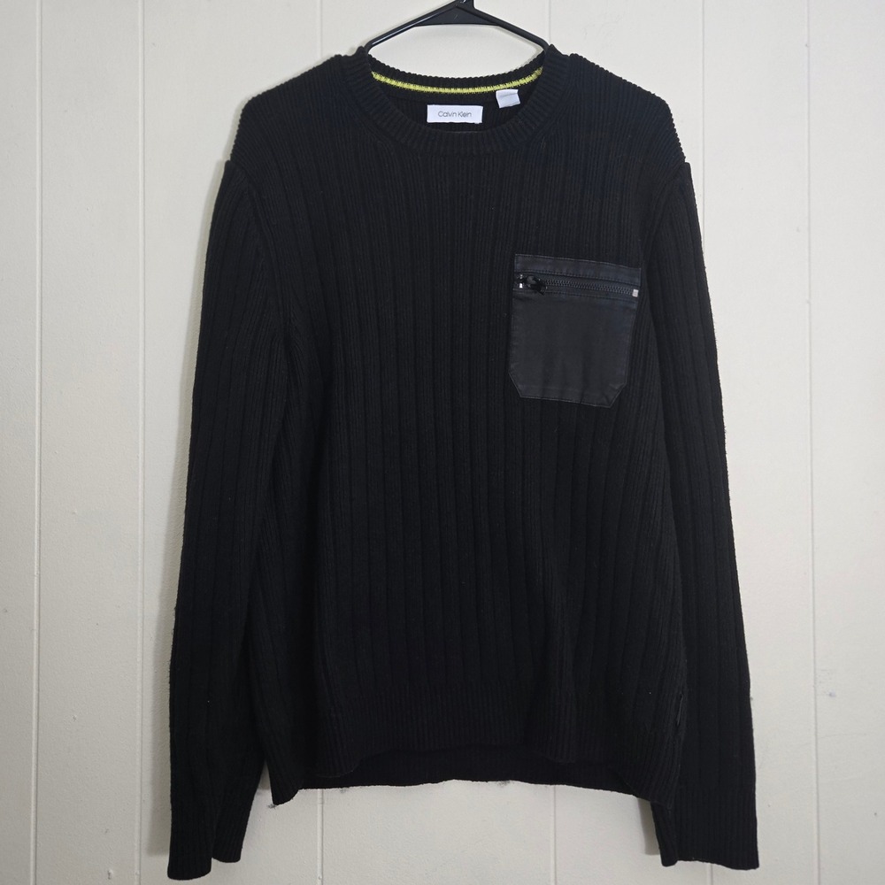 Calvin Klein Mens Black Ribbed Knit Sweater L Zip Pocket Crew Neck Wool Blend